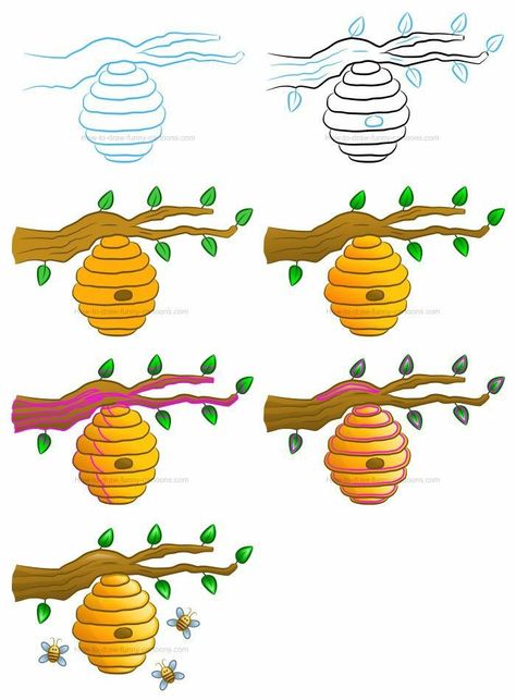 Beehive Doodle, How To Draw A Bee Step By Step, How To Draw A Bee, Beehive Clipart, Beehive Drawing, Draw A Bee, Nature Doodles, Beehive Art, Bee Drawing