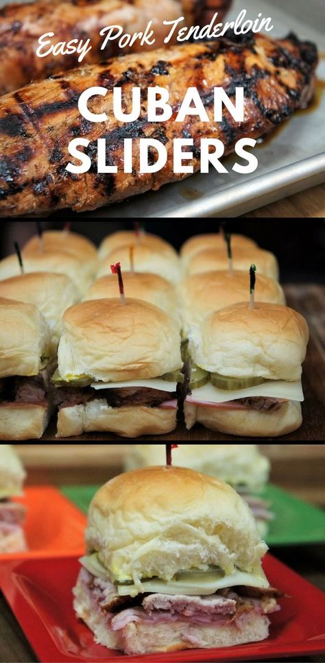 Party Food Sliders, Food Sliders, Cuban Sliders, Easy Pork Tenderloin, Cuban Sandwiches, Pork Tenderloin Sandwich, Quick Appetizer, Homemade Ham, Appetizer Sandwiches