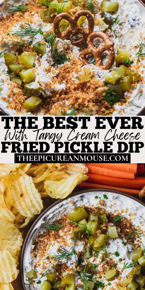 This ultra creamy fried pickle and ranch dip is exploding with flavor. Velvety smooth cream cheese, combined with chunks of juicy dill pickles, fresh herbs and all the bold flavors found in ranch dressing. The toasted bread crumbs gives it just the right amount of "fried" flavor. Fried Pickle And Ranch Dip, Dill Pickle Bread, Pickle Bread, Toasted Bread Crumbs, Pickle Juice Uses, Football Foods, Zesty Ranch, Toasted Crostini, Garlic Uses