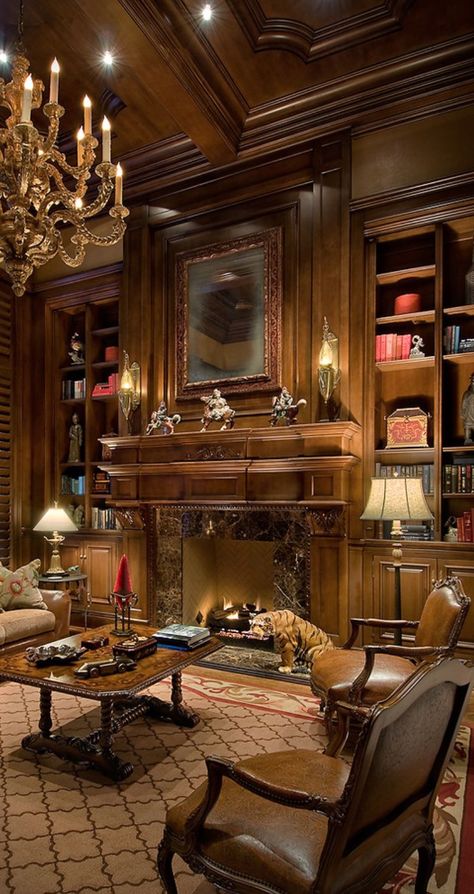 Gentleman’s Study, Gentleman Study, Gentlemen's Lounge, Gentleman's Study, English Club, Office Idea, Luxury Mansion, Home Decor Catalogs, Tuscan Design