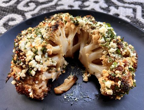 Made Diane Kochilas’ whole roasted cauliflower. It’s studded with garlic, then rubbed with an oil/balsamic/honey/Dijon sauce, roasted for an hour at 450 then crusted with feta and parsley. Totally stole the pic setup from her blog as well because how else would one present it? by locke7979 Feta And Honey, Honey Dijon Sauce, Diane Kochilas, Whole Cauliflower, Dijon Sauce, Keto Sides, Honey Mustard Vinaigrette, Whole Roasted Cauliflower, Baked Veggies