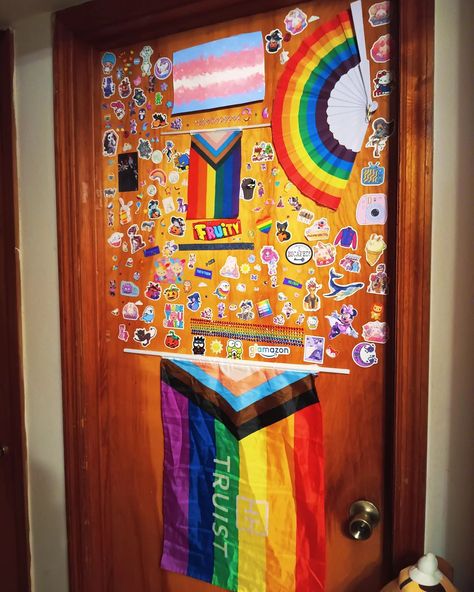 My bedroom door! #ageregression #agere #ageregressionsfw #boyregressor #dontsexualizemyregression #boyregressorsfw #babycoresfw #toddlercoresfw #kandikid #decoration #rainbow #🌈 #🏳️‍🌈 #transgender #trans #🏳️‍⚧️ #mylittlepony #sanrio #hellokitty #monsterhigh #pride #lgbtqia #loveislove #mlp #minniemouse #dopaminedecor Lgbtq Bedroom Ideas, Pride Flag Bedroom, Pride Bedroom Ideas, Trans Bedroom, Trans Pride Aesthetic, Gay Bedroom, Pride Decorations, Grunge Bedroom, Gaming Bedroom