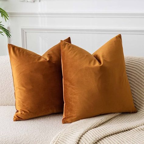 JUSPURBET Velvet Throw Pillow Covers for Sofa Couch Bed,Decorative Soft Pillow Cases Set of 2,26x26 Inches,Rust : Amazon.co.uk: Home & Kitchen Brown Bed Throw Pillows, Theow Couch Pillows, Bedding Euro Pillow Covers, Best Pillow Target, Warm Throw Pillow, Throw Pillows Warm, Cushions Setting On Sofa, White Bed With Rust Pillows, Couch Pillows Color