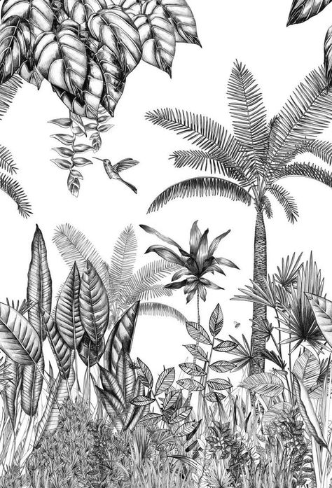 Jungle Tattoo, Tropical Illustration, Wallpaper Panel, Handpoke Tattoo, Professional Decor, Wallpaper Panels, Tropical Plants, Fabric Wallpaper, Wall Painting