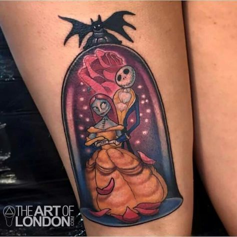 Nightmare before christmas as Belle and beast People With Tattoos, Tattoo Time Lapse, Jack Skellington Tattoo, Beauty And The Beast Tattoo, Nightmare Before Christmas Tattoo, Christmas Tattoo, Geniale Tattoos, Halloween Tattoos, Time Tattoos