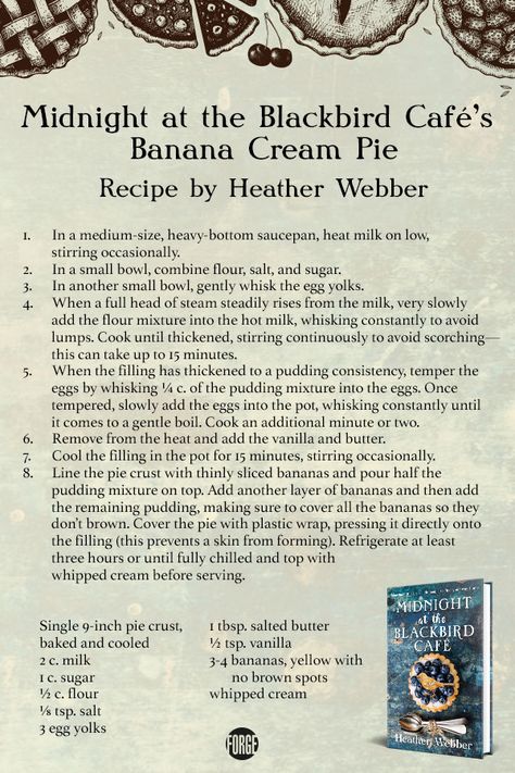 Coconut Buttermilk Pie Recipe, Midnight At The Blackbird Cafe Recipes, Blackbird Pie Recipe, Moon Pie Banana Pudding Recipe, Black Bottom Banana Cream Pie, Beautiful Cookbooks, Blackbird Lyrics, Yummy Pie, Book Club Food