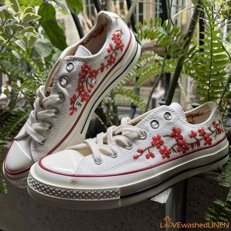 Embroidered Converse/ Custom Converse Chuck Taylor Embroidered Cherry Blossom Flower/ Converse Embroidery, Tie Sneakers, Embroidered Converse, Converse Custom, Low Top Converse, Converse Low, Converse Low Tops, Custom Converse, Embroidery Shoes