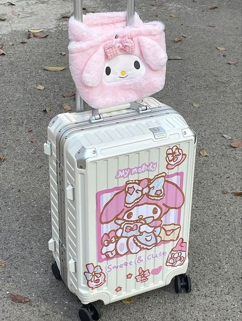 My Melody Suitcase, Cute Luggage Aesthetic, Koper Aesthetic, Koper Traveling Aesthetic, Kawaii Suitcase, Koper Traveling, Hello Kitty Suitcase, Luggage Aesthetic, Cute Suitcase