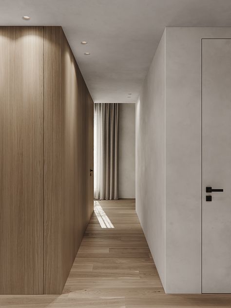 - CGI Apartment - on Behance House Entrance Doors, Parquet Design, Japandi Interiors, Dream Closet Design, Doors Interior Modern, Modern Minimalist Home, Hall Interior Design, Hall Interior, Flat Interior