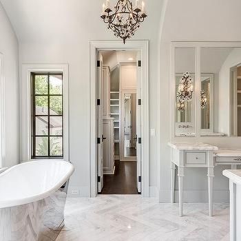 White and Gray French Style Bathroom with Marble Herringbone Tile Floor French Style Bathroom, Marble Herringbone Floor, Marble Herringbone Tile, Herringbone Tile Floors, Marble Bathroom Floor, French Bathroom, Zen Bathroom, Marble Floors, Bad Inspiration