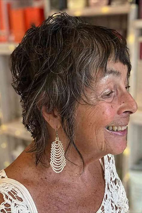 Very short textured wispy mullet shag with fringe on 60-year-old ladies Wispy Mullet, Curly Shags, Mullet Shag, Modern Mullet Haircut, Trending In 2023, Shag Cut, Short Spiky Haircuts, Sassy Haircuts, Short Shag Haircuts