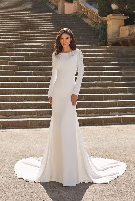 Long Sleeve Wedding Dress Sheath, Sheath Wedding Dresses With Sleeves, Sparkly Modest Wedding Dresses, Winter Wedding Dress With Sleeves Simple, Simple Modest Wedding Dresses Vintage, Classic Modest Wedding Dress, Modest Wedding Dresses 2024, Modest Winter Wedding Dress, Simple Modest Wedding Dresses Classy