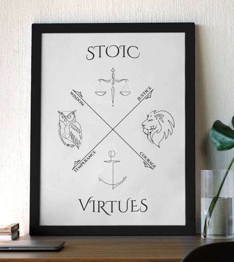 Make a statement in any room with this Stoic framed poster, printed on thick matte paper. The matte black/white frame it's made from wood from renewable forests, which adds an extra touch of class. Temperance Tattoo, Stoicism Tattoo, Stoic Virtues, Cardinal Virtues, Stoic Quotes, Touch Of Class, Framed Poster, White Frame, Poster Frame