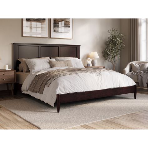 Introducing the Charlotte Low Profile Platform Bed, a timeless piece that effortlessly elevates the ambiance of any bedroom. Brown Bed Frame, Low Profile Bed Frame, Dark Wood Bed, Classic Headboard, Bed Classic, Low Profile Platform Bed, Low Profile Bed, Profile Frame, Brown Bed