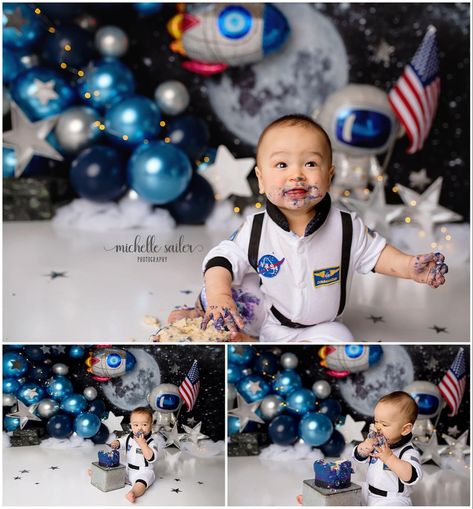 Space Theam Birthday Party Decorations, Space Cake Smash Session, Space First Birthday Photoshoot, Halfway Around The Sun Baby Photoshoot, Space Smash Cake 1st Birthdays, First Trip Around The Sun Photo Shoot, Space Smash Cake, Smash Cake Session, Baby Birthday Party Theme