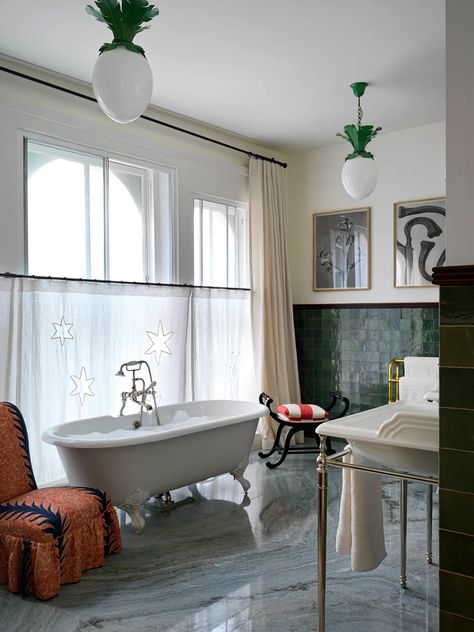 Cafe curtains are the affordable way to add a French touch to every space | House & Garden Beata Heuman, London Flat, London Apartment, Main Bathroom, Cafe Curtains, Ceiling Rose, Mirror Cabinets, Signature Cocktail, Open Plan Kitchen