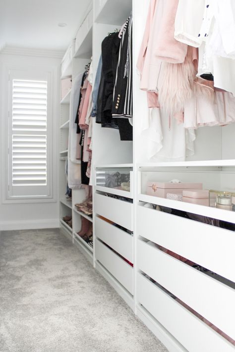 Small Walk In Robe Organisation, Walk In Wardrobe Ikea, Ikea Wardrobe Organisation, White Walk In Wardrobe, Walk In Wardrobe Ideas Small, Ikea Walk In Wardrobe, Walk Through Wardrobe, White Walk In Closet, Walk In Wardrobe Ideas