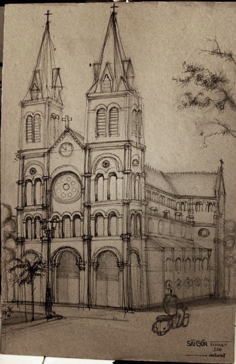 Notre Dame Drawing, Monument Sketch, Paint On Canvas For Beginners, Pencil Sketches Landscape, Paper Art Sculpture, Building Sketch, Interior Architecture Drawing, Vietnam Art, Lino Art