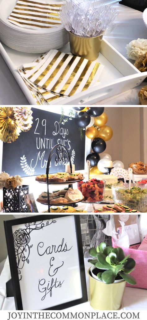 Host a black & gold bridal shower for the bride to be! Discover simple & elegant flower party decorations, a themed floral balloon garland, a chalkboard backdrop & more! #black #gold #bridalshower #floral #partyideas #flowers #balloongarland #partydecorations #bride #weddingideas #bridetobe #newbride #wedding #decorations #partyfood #partytreats #partyfavors #chalkboard #sign #succulents #plants Bridal Shower Chalkboard, Chalkboard Backdrop, Bridal Shower Centerpieces Diy, Gold Bridal Shower Decorations, Floral Balloon Arch, Bridal Shower Themes, Bridal Shower Decorations Diy, Bridal Shower Balloons, Simple Bridal Shower