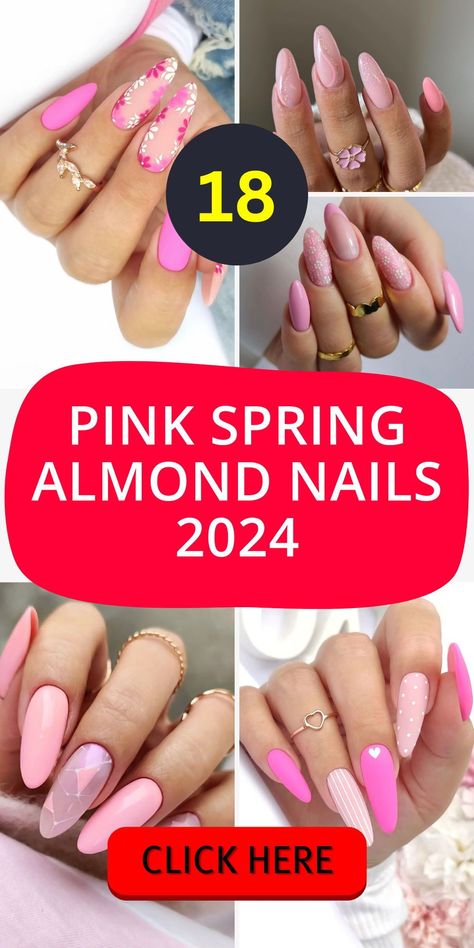 Get ready to dazzle with Pink Spring Almond Nails 2024. These nails are a perfect example of how 2024 trends are shaping the world of nail art. With a focus on short, almond-shaped designs, these acrylic nails are both cute and classy. The use of 2024 gel ensures longevity and a flawless finish, making them ideal for anyone looking to make a statement this spring break or any event throughout the year. April Nails Almond Shape, Almond Nail Art Designs Classy, Pretty Nails Almond Shape, Almond Nails Spring 2024, Spring Almond Nails 2024, Spring Nails 2024 Trends Pink, Almond Shaped Nails Designs Pink, Nail Trends Spring 2024, Almond Shaped Nails Designs Spring