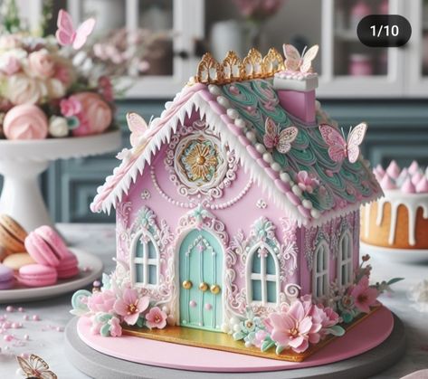 Gingerbread Manger Scene, Pink Gingerbread Houses, Pink Gingerbread House Ideas, Candy Land Gingerbread House, Gingerbread House Cake, Easter Gingerbread House, Rapunzel Birthday Cake, Gingerbread House Patterns, Biscuit Decoration