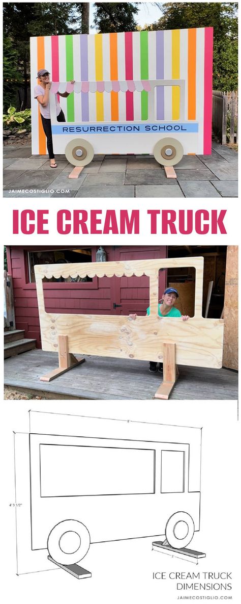 A DIY tutorial to build a self standing ice cream truck prop. Make this truck photo prop with portable stands using my plans. Ice Cream Truck Photo Prop, Ice Cream Truck Backdrop, Taco Truck Trunk Or Treat Diy, Ice Cream Stand Ideas, Ice Cream Stand Diy, Ice Cream Truck Ideas, Diy Ice Cream Truck, Diy Food Truck, Diy Ice Cream Stand