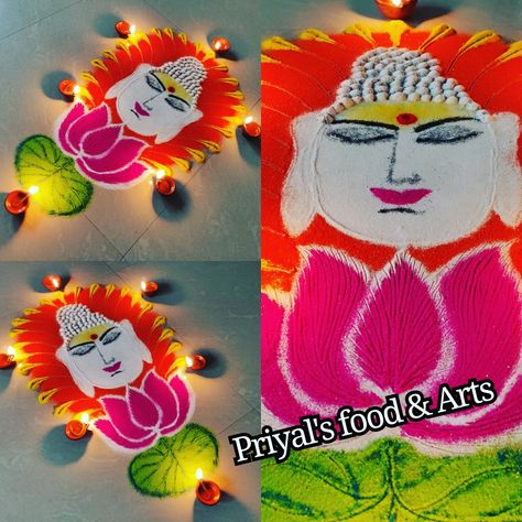 Buddha Rangoli, Welcome Rangoli, Diwali Special Rangoli Design, Poster Rangoli, Beautiful Buddha, Buddha Purnima, Peacock Rangoli, Festival Rangoli, Colored Rice