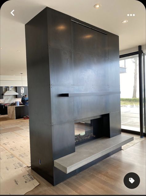 Beach Fireplace, Double Fireplace, Fireplace Modern Design, Boulder House, Fireplace Accent Walls, Contemporary Fireplace Designs, Steel Fireplace, Hot Rolled Steel, Hawaii House