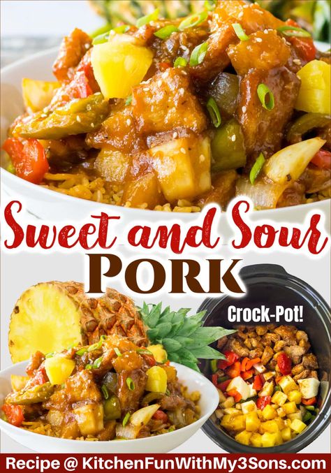 This Crockpot Sweet and Sour Pork is better than takeout and so easy to make! You get crispy and tender pork pieces mixed with bell peppers, onion, and pineapple with a sweet and savory sauce. Sweet Sour Pork Crock Pot, Crock Pot Sweet And Sour Pork, Slow Cooker Sweet And Sour Pork, Sweet And Sour Pork Crock Pot, Crockpot Sweet And Sour Pork, Sweet Sour Pork Recipe, Sweet And Sour Pork Chops, Pork Stew Meat, Slow Cooker Recipes Pork