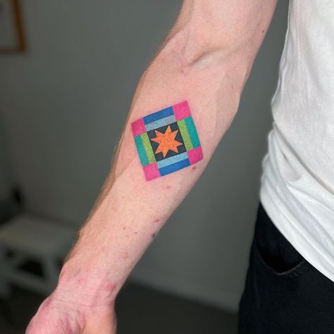 Flash day was so much fun!! Everyone was amazing and the highlight of the day was Grace making me this mini quilt from the square I drew 😭 … | Instagram Patchwork Quilt Tattoo, Quilt Block Tattoo, Quilt Square Tattoo, Quilt Tattoo Ideas, Quilt Tattoo, Square Tattoo, Highlight Of The Day, Embroidery Stitching, Mini Quilt