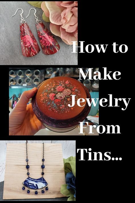 How To Make Recycled Tin Earrings, Tin Can Earrings Diy, Tin Jewelry Diy Tutorials, Tin Can Jewelry Diy, Vintage Tin Jewelry, Cookie Tin Earrings, Upcycled Tin Earrings, Diy Metal Jewelry Making, Recycled Tin Earrings