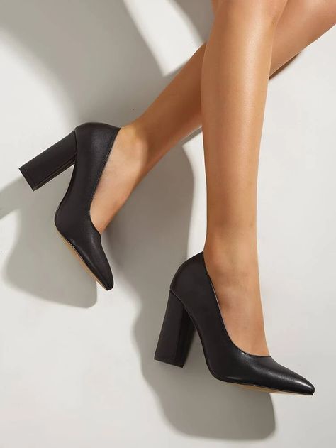 Black Shoes Heels For School, School Shoes Black Heels, Elegant Heels Classy, Ladies Black Shoes, Ladies Court Shoes, Black Block Heel Pumps, Thick Heels Pumps, Business Heels, Black School Shoes