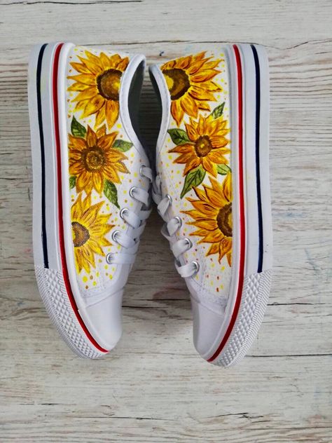 Hand painted shoes sunflowers shoes canva slip ons trainers | Etsy Sunflower Sneakers, Shoe Painting, Sneaker Ball, Painted Sneakers, Sunflower Shirt, Tenis Nike, Painted Jeans, Hand Painted Shoes, Leather Paint