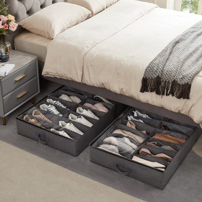 This organizer is ready to use when unfolded, and the 4-sided reinforced insert cardboard keeps the shoe storage box in shape without deforming, even when pulled. When not in use, it can be easily folded to save space. Easy to Use: The under bed shoe storage has 1 front handle and 1 side handle so you can lift it up or pull it out from under the bed easily. With 6"(15cm) height, it is suitable for most under-bed spaces. Maximize the space under your bed. Comes with 2 pack storage boxes. Each sto Shoe Storage Ideas Under Bed, Underbed Shoe Storage Ideas, Underbed Shoe Storage, Shoe Storage Ideas For Small Spaces, Shoes Organizer Ideas, Under Bed Storage Bins, Under Bed Organization, Under Bed Shoe Storage, Under Bed Storage Boxes