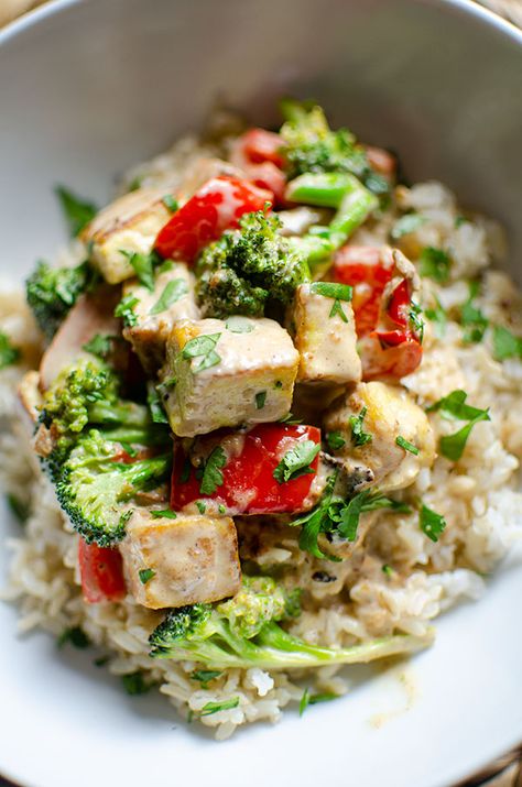 Tofu Stir Fry with Peanut Sauce Veggie Protein Meals, Stir Fry With Peanut Sauce, Vegan Tofu Stir Fry, Peanut Stir Fry, Tofu Peanut, Fasting Meals, Veggie Protein, Homemade Coconut Milk, Vegan Tofu Recipes