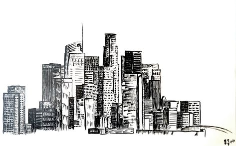 Los Angeles Skyline - Sumi-e Pen Brush Feather Tattoo Drawing, Los Angeles Cityscape, Skyline Tattoo, Skyline Drawing, Cityscape Drawing, Los Angeles Tattoo, Los Angeles Skyline, Inner Forearm, Los Angeles Travel