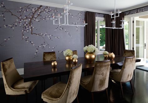 Brown Velvet Dining Chairs - Transitional - dining room - Marie Christine Design Taupe Dining Room, Purple Dining Room, Trendy Dining Room, Brown Dining Room, Transitional Dining Room, Dining Sofa, Dining Room Contemporary, Alexa Hampton, Country Dining