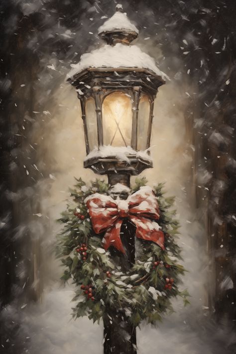 In this painting, we are presented with a close-up of an ornate lamp post embraced by a festive wreath, set against a backdrop of falling snow. The lamp casts a warm, inviting light, which seems to sparkle amidst the snowy ambiance, providing a striking contrast to the surrounding chill. North Pole Concept Art, Christmas Paintings Ideas, Winter Scenes To Paint, Art Installation Ideas, Lantern Pictures, Ornate Lamp, Lamp Painting, Christmas Oil Painting, Winter Christmas Scenes