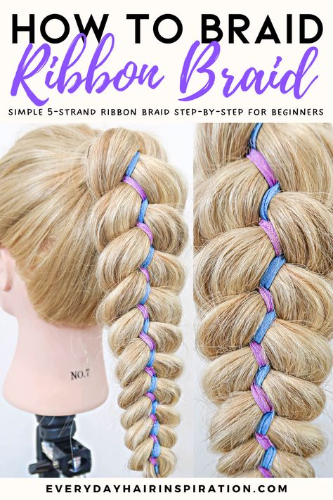 how to 5 strand ribbon braid Dutch Braid With Ribbon, How To Braid With Ribbon In Hair, Ribbon In Braids, Braid Ribbon In Hair, How To Braid Ribbon Into Hair, Ribbon In Braid, Braids With Ribbons In Them, French Braid With Ribbon, Beginner Hairstyles