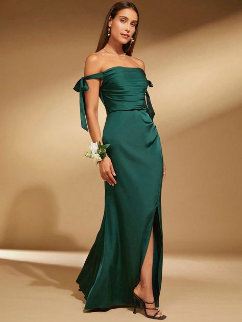 SHEIN Belle Off Shoulder Knot Side Split Thigh Satin Bridesmaid DressI discovered amazing products on SHEIN.com, come check them out! Prom Dresses Dark Green, Prom Dresses Dark, Dark Green Bridesmaid Dresses, Dresses Dark Green, Dark Green Bridesmaid Dress, Shoulder Knots, Satin Bridesmaid Dress, Collared Greens, Satin Bridesmaid Dresses