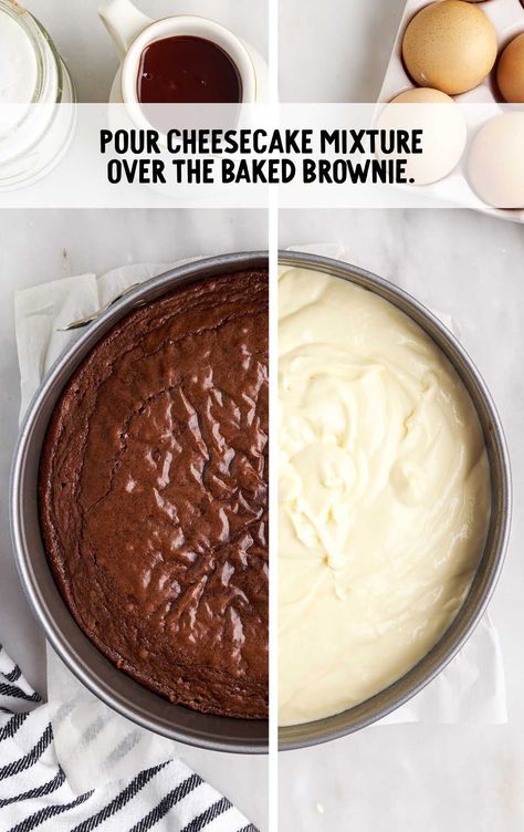 cheesecake mixture poured over the baked brownie in a cake pan Cake Pan Cheesecake, Cake Bottom Cheesecake, Cheesecake With Brownie Crust, Brownie Cheesecake Recipe, Brownie Bottom Cheesecake, Brownie Bottom Cheesecake Recipe, Brownie Cheesecake, Plain Cheesecake, Cheesecake With Whipped Cream