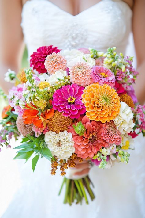 60+ Ways to Use Zinnias in Your Wedding Flowers | Matched Hearts Zinnia Wedding Flowers, Zinnia Wedding, Zinnia Bouquet, 2026 Wedding, Outdoor Wedding Backdrops, Eucalyptus Wedding Bouquet, Garden Archway, Zinnia Flower, Colorful Arrangements