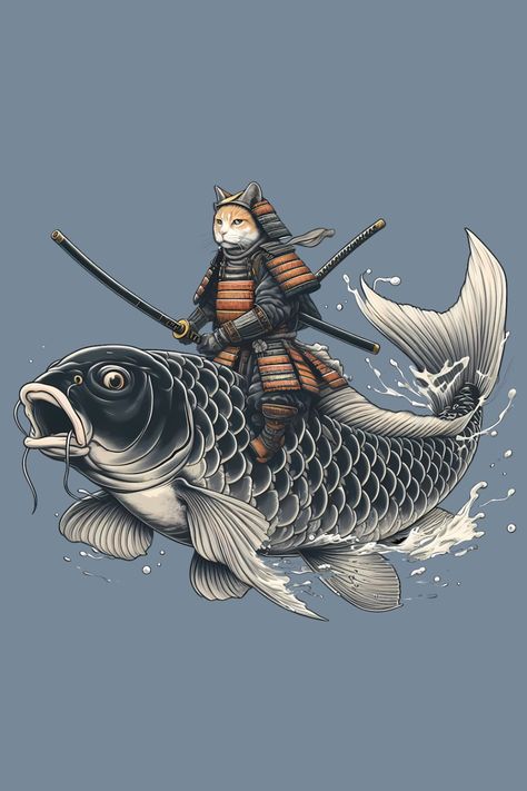 Samurai Cat Riding On A Big Carp Koi T-Shirt Animal Samurai, Japan Animals, Ink Reference, Lucky Cat Tattoo, Harry Tattoos, Cat Riding, Japanese Folklore, Horse Drawing, Cat Merchandise