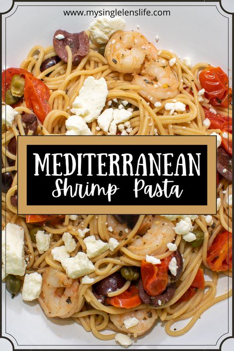 Shrimp and pasta topped with feta cheese Mediterranean Diet Shrimp Pasta, Mediterranean Shrimp Pasta Recipes, Mediterranean Shrimp Recipes, Mediterranean Pasta Recipes, Mediterranean Diet Pasta, Mediterranean Shrimp Pasta, Mediterranean Shrimp Recipe, Nancy Thompson, Mediterranean Diet Recipes Breakfast