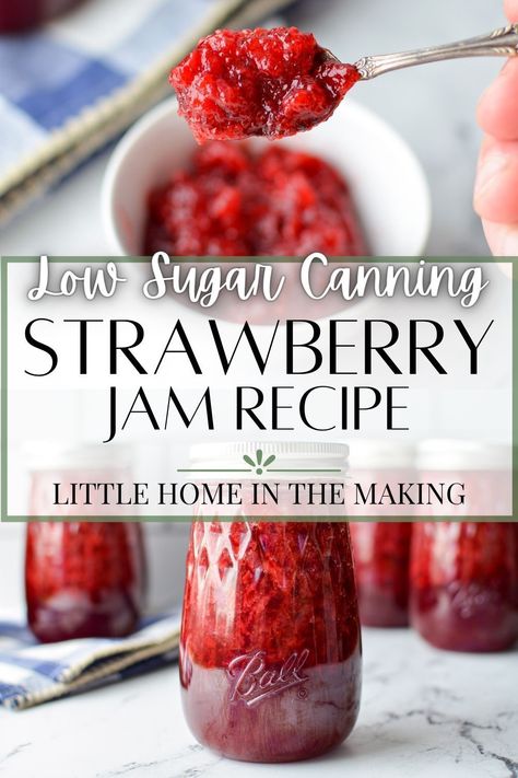 Sure Jell Less Sugar Strawberry Jam, Low Sugar Freezer Jam, Strawberry Jam Recipe Canning Low Sugar, Seedless Strawberry Jam Recipe, Strawberry Jam Recipe With Pectin, Strawberry Jam For Canning, Strawberry Jam Recipe Canning, Strawberry Jam With Honey, Strawberry Jam Recipe With Honey