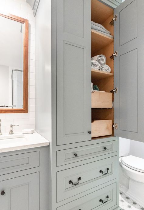 Jack And Jill Bathroom With Linen Closet, Bathroom Built In Cabinet Next To Vanity, Bathroom Vanity And Linen Closet Combo, Single Vanity With Linen Cabinet, Bathroom Tower Cabinet Ideas, Bathroom Vanities With Storage Towers, Bathroom With Linen Cabinet, Bathroom Linen Cabinet Built In, Vanity With Tall Cabinet