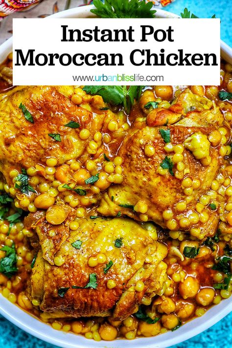 This 30-Minute Instant Pot Moroccan Chicken is delicious and healthy, and you can pressure cook the quinoa or couscous at the same time as the chicken. Get the recipe on UrbanBlissLife.com #moroccanchicken #instantpot #instantpotrecipes #recipes #chicken #chickenrecipes #moroccanrecipes #food #mediterraneanfood #mediterraneanrecipes #pressurecooker #pressurecooking #multicooker Instant Pot Moroccan, Chicken With Chickpeas, Moroccan Chicken Recipe, Company Dinner, Moroccan Chicken, Couscous Recipes, Pressure Cooker Chicken, Healthy Instant Pot Recipes, Instant Pot Dinner Recipes