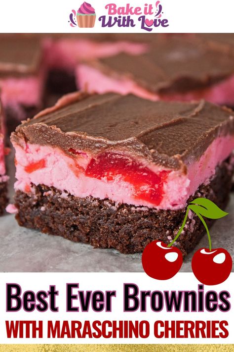 My chocolate maraschino cherry brownies are the most addictive combination of fudgy brownies and cherry buttercream frosting! Top it off with an extra layer of chocolate ganache to make this the supreme chocolate-cherry dessert! It's a decadent dessert perfect for Valentine's Day, any special occasion, or just because! BakeItWithLove.com #chocolate #cherry #brownies #maraschinocherry #dessert #valentinesday Cherry Buttercream Frosting, Chocolate Cherry Brownies, Cherry Buttercream, Best Ever Brownies, Cherry Frosting, Cherry Brownies, Baked Meringue, Cookie Bars Easy, Chocolate Creations