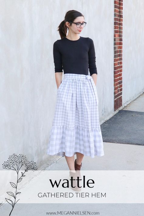 Wattle Skirt Hack : Gathered Tier Hem - Megan Nielsen Patterns Blog Free Skirt Patterns For Women, Diy Tiered Skirt, Tier Skirt Pattern, Skirt Patterns Sewing Free, Layered Skirt Pattern, Gathered Skirt Pattern, Midi Skirt Sewing Pattern, Diy Midi Skirt, Tiered Skirt Pattern