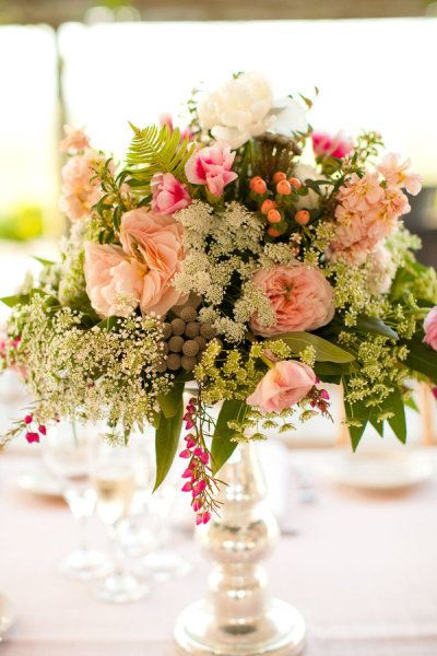 Raised Centerpieces, Viansa Winery, Brunia Berries, Silver Brunia, Fluffy Flowers, Peach Garden, Pink Flower Arrangements, Elegant Centerpiece, Hypericum Berries